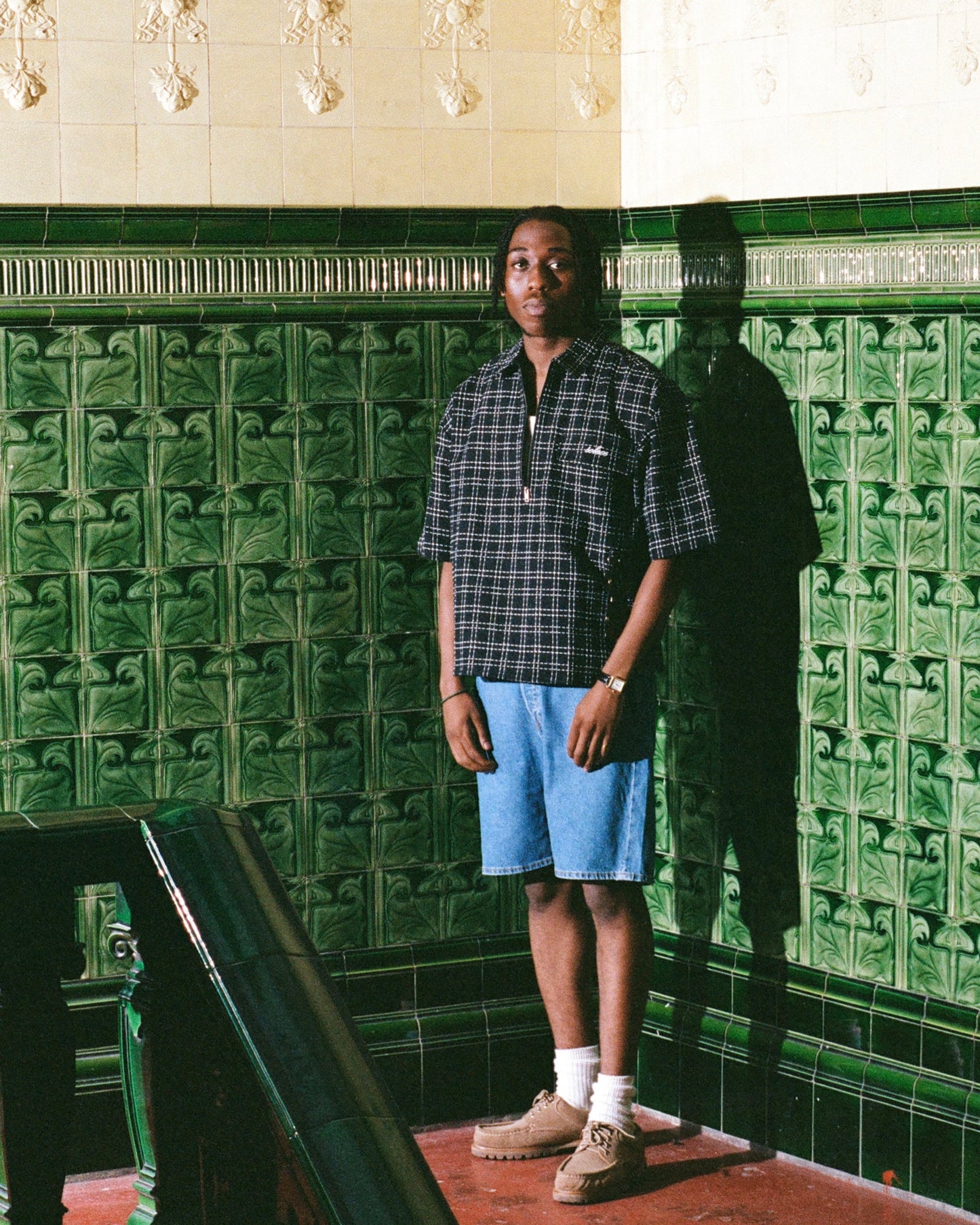 Oversized Boxy Boucle Check Half Zip Shirt - Black/Ivory