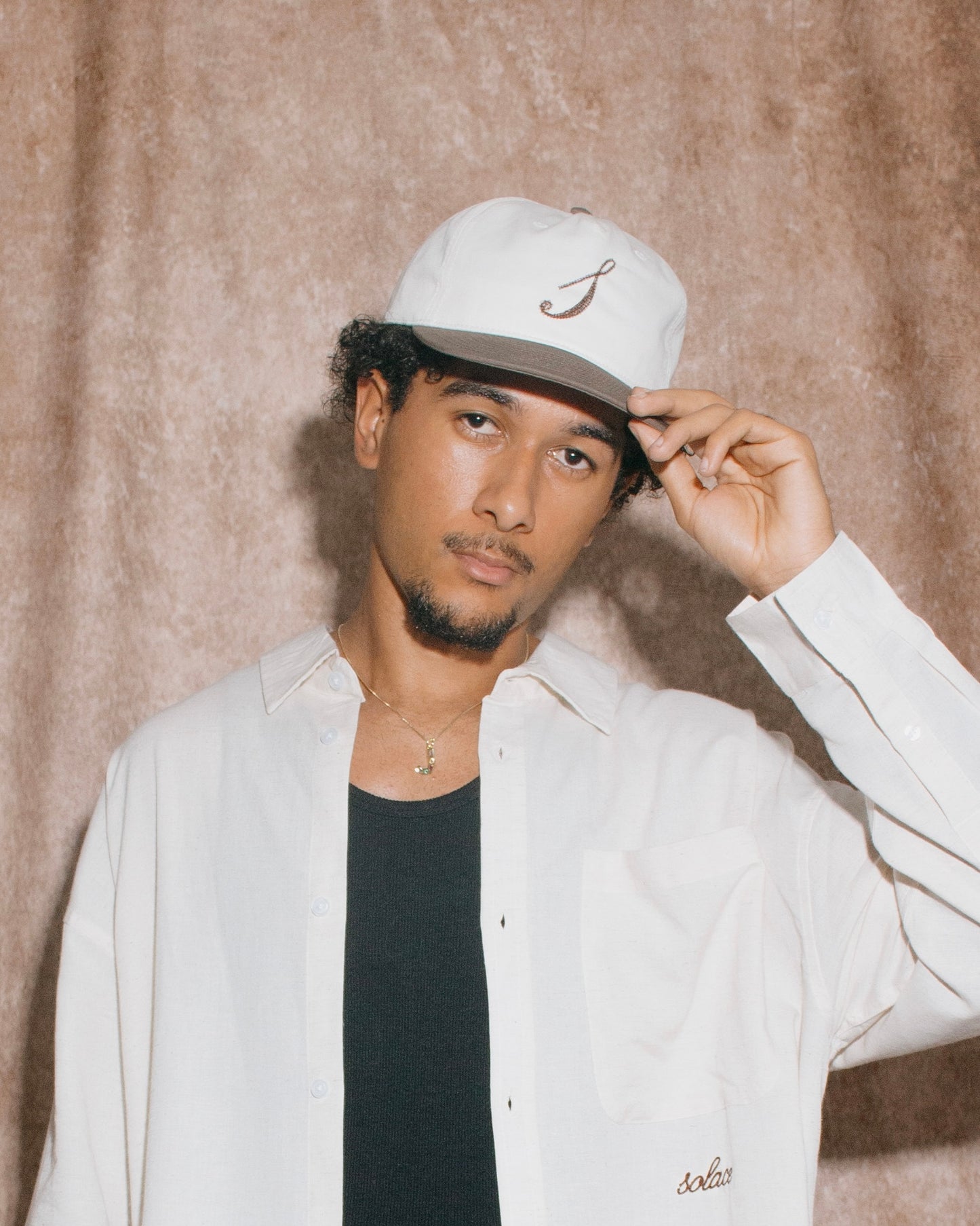 Chainstitch Initial 5 Panel Baseball Cap - Ivory/Cocoa Brown