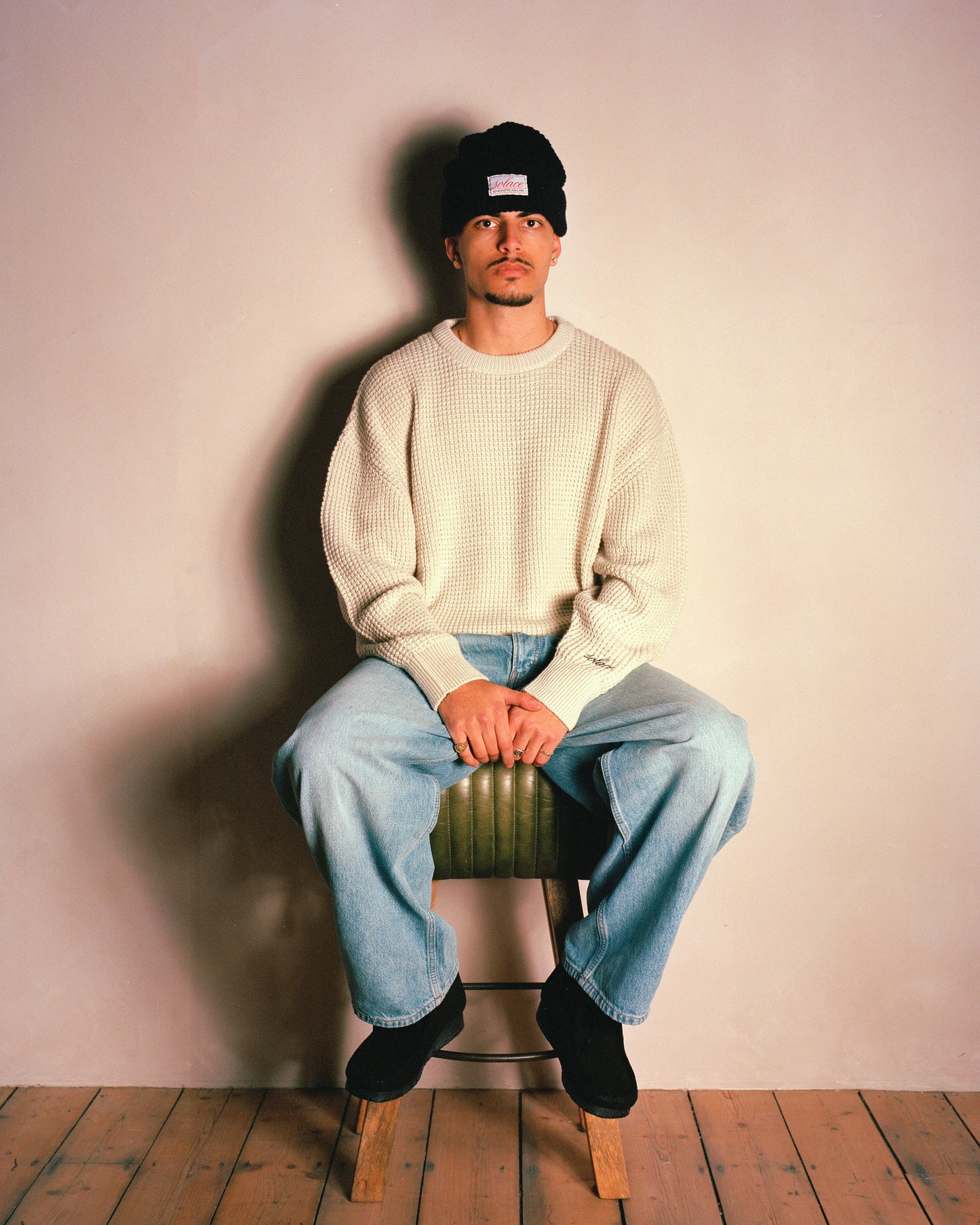 Oversized Boxy Waffle Knit Crew - Vanilla Cream/Balsamic Black