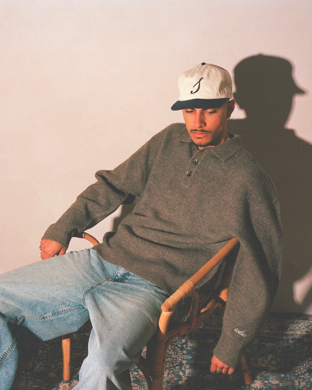 Cotton Initial 5 Panel Baseball Cap - Ivory/Midnight Navy