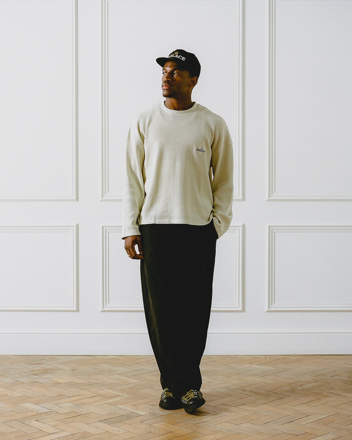 Chainstitch Logo Waffle Long Sleeve Tee - Vanilla Cream/Onyx Black
