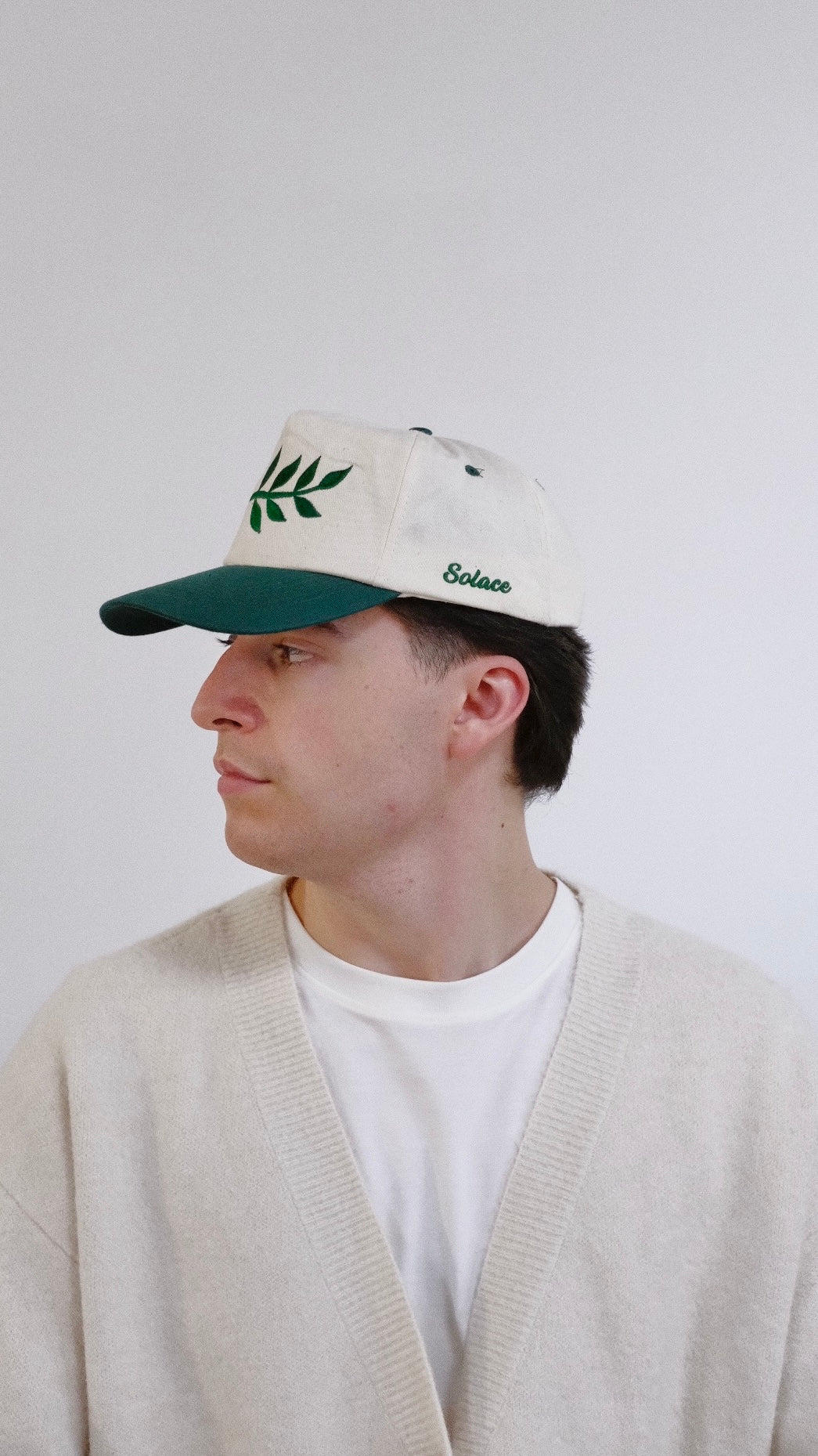 Peace Leaf 5 Panel Baseball Cap - Ivory/Forest Green