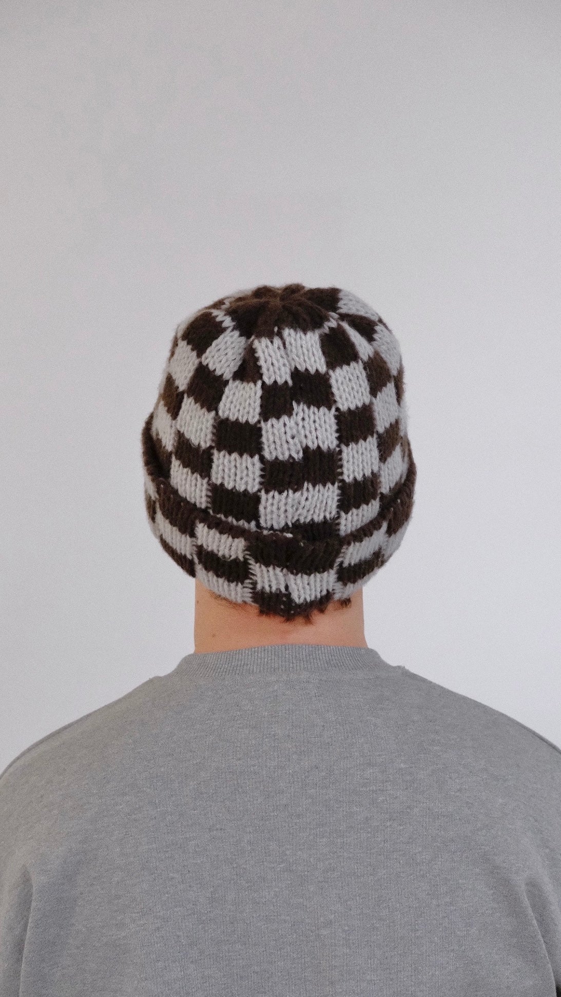 Chocolate Checkerboard Knitted Beanie - Chocolate Brown/Ivory