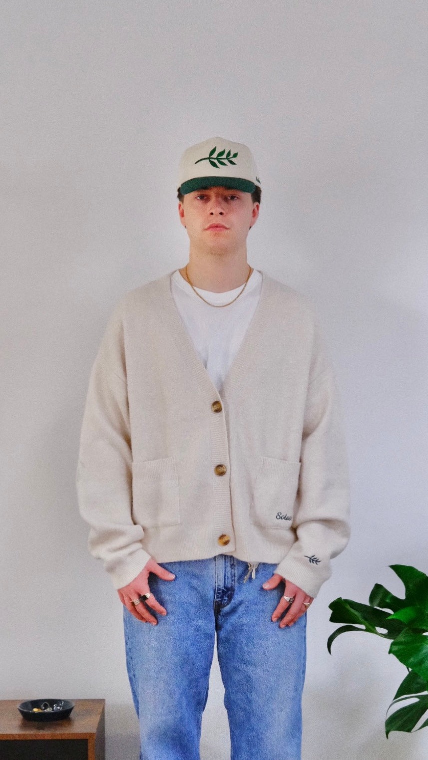 Peace Leaf Oversized Boxy Knitted Cardigan - Ivory/Forest Green