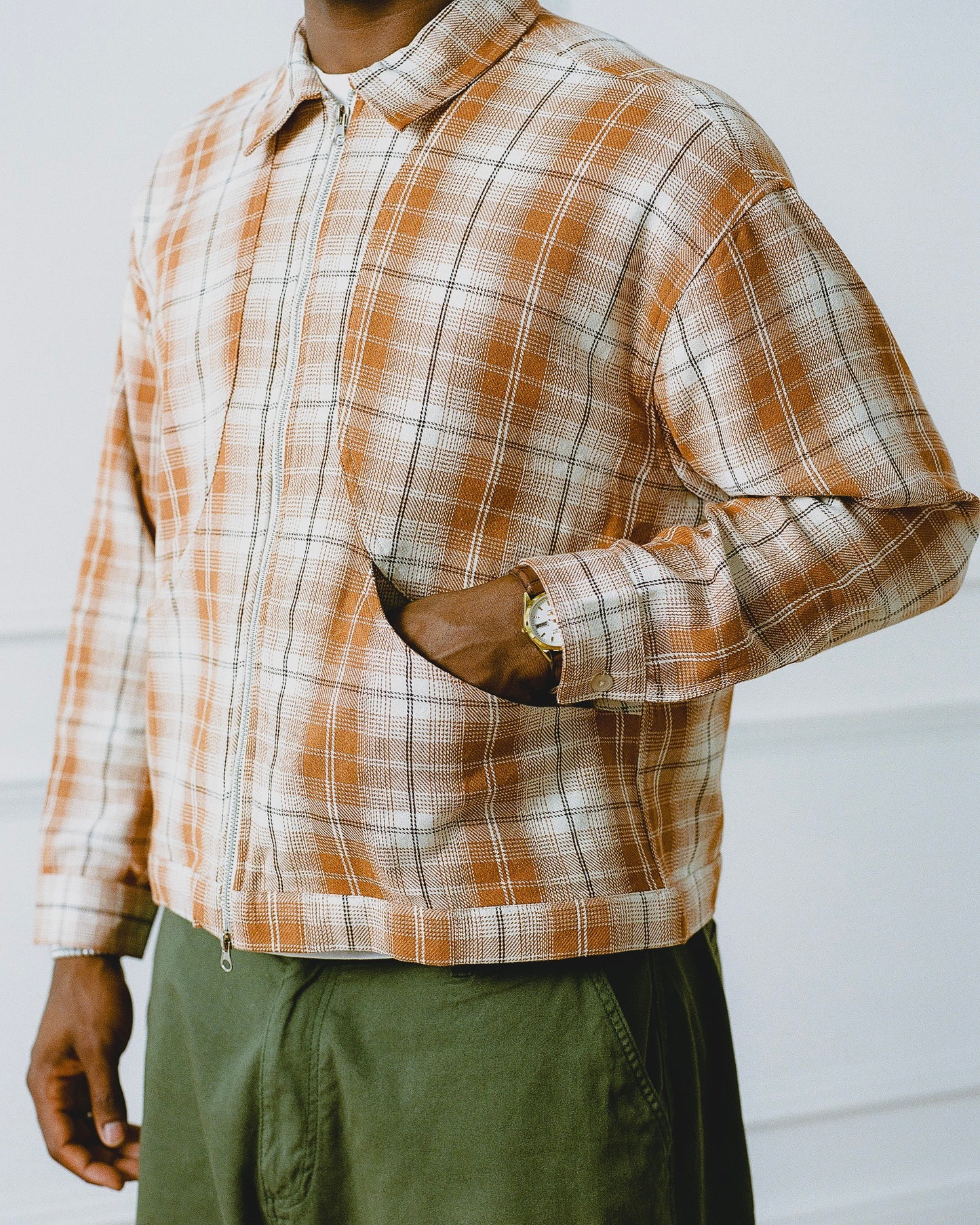 Check Curve Pocket Zip Jacket - Rust Orange/Ivory