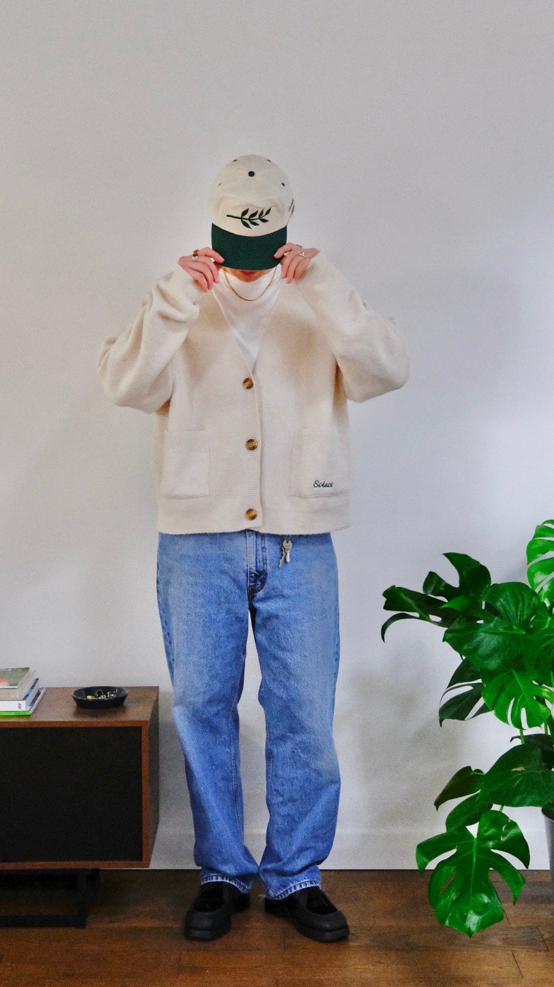 Peace Leaf Oversized Boxy Knitted Cardigan - Ivory/Forest Green