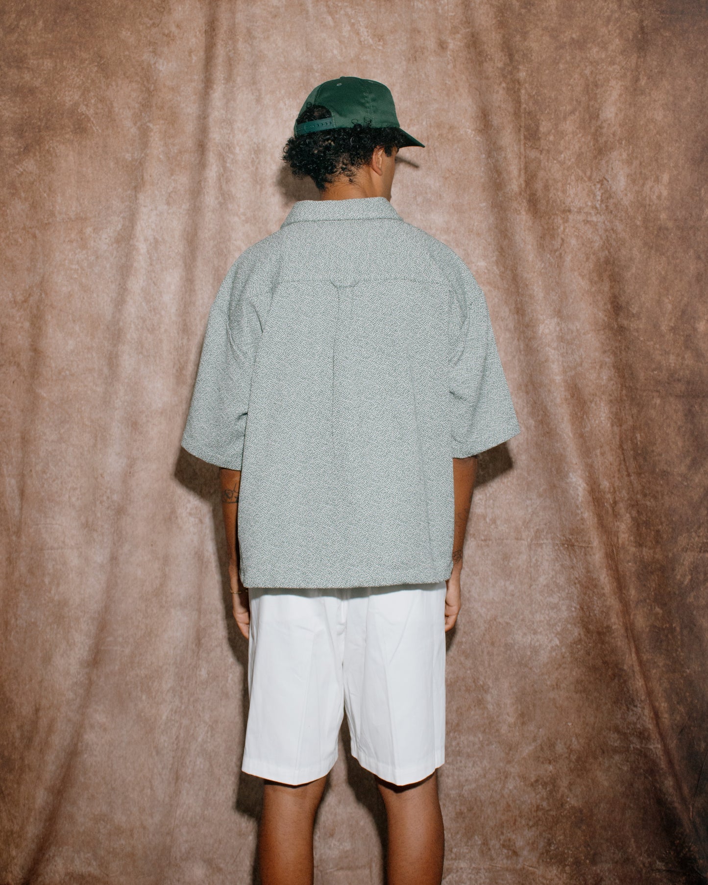 Oversized Boxy Static Boucle Polo Shirt - Ivory/Forest Green