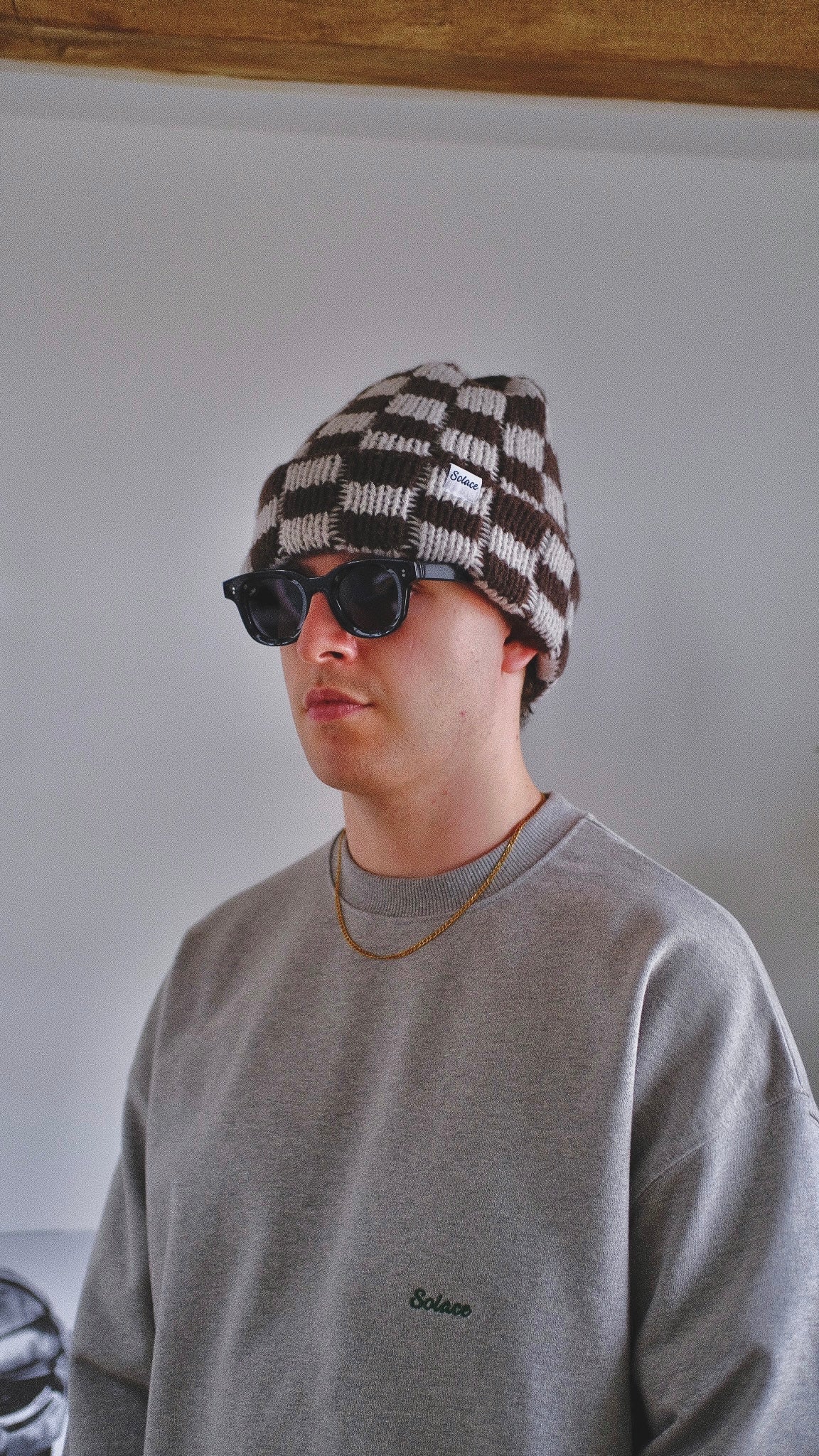 Chocolate Checkerboard Knitted Beanie - Chocolate Brown/Ivory