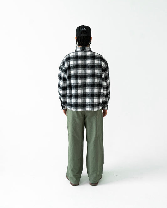 Oversized Boxy Check Flannel Zip Overshirt - Black/Ivory