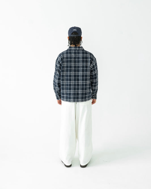 Oversized Boxy Check Flannel Polo Shirt - Midnight Navy/Ivory