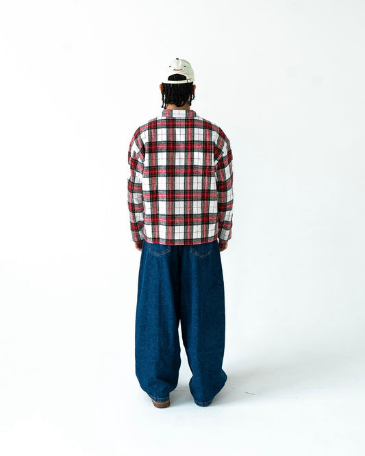 Oversized Boxy Check Flannel Smock Shirt - Rose Red/Ivory