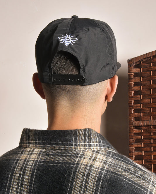 Nylon Signature Cursive 5 Panel Baseball Cap - Balsamic Black/Ivory