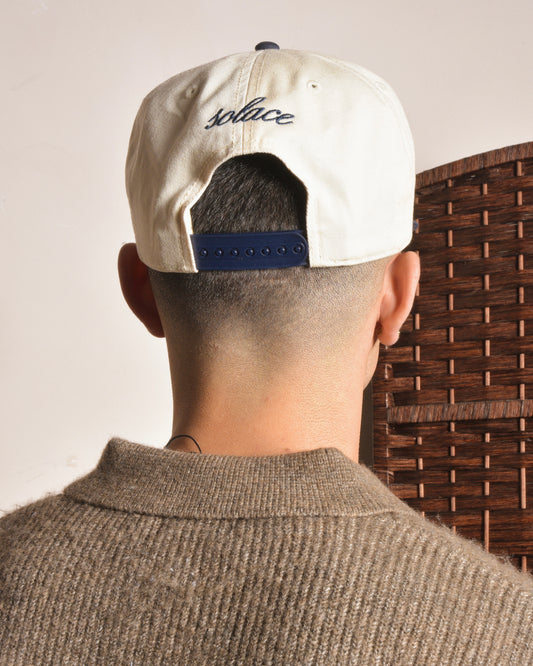 Cotton Initial 5 Panel Baseball Cap - Ivory/Midnight Navy