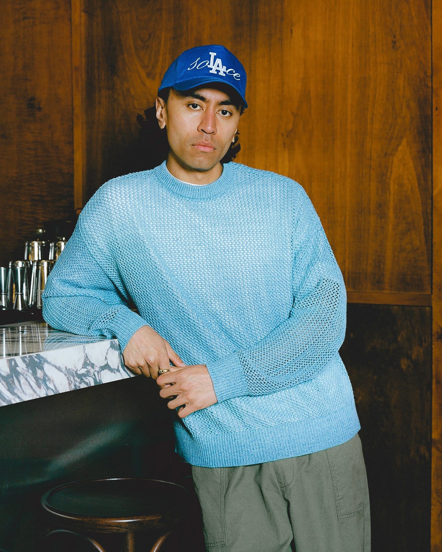 Crochet Mesh Knit Crew Jumper - Pool Blue