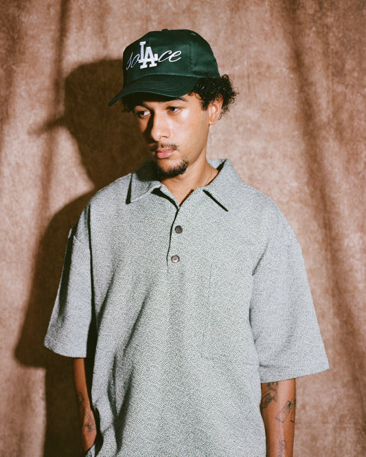 Oversized Boxy Static Boucle Polo Shirt - Ivory/Forest Green