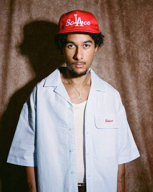 Oversized Boxy Striped Oxford Revere Shirt - Sky Blue/Rose Red