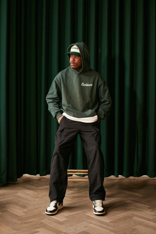 Heavyweight Oversized Boxy Signature Logo Hoodie - Forest Green/Ivory