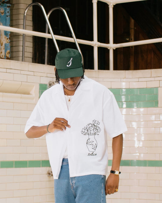 Oversized Boxy Chainstitch Vase Linen Revere Shirt - Ivory/Forest Green