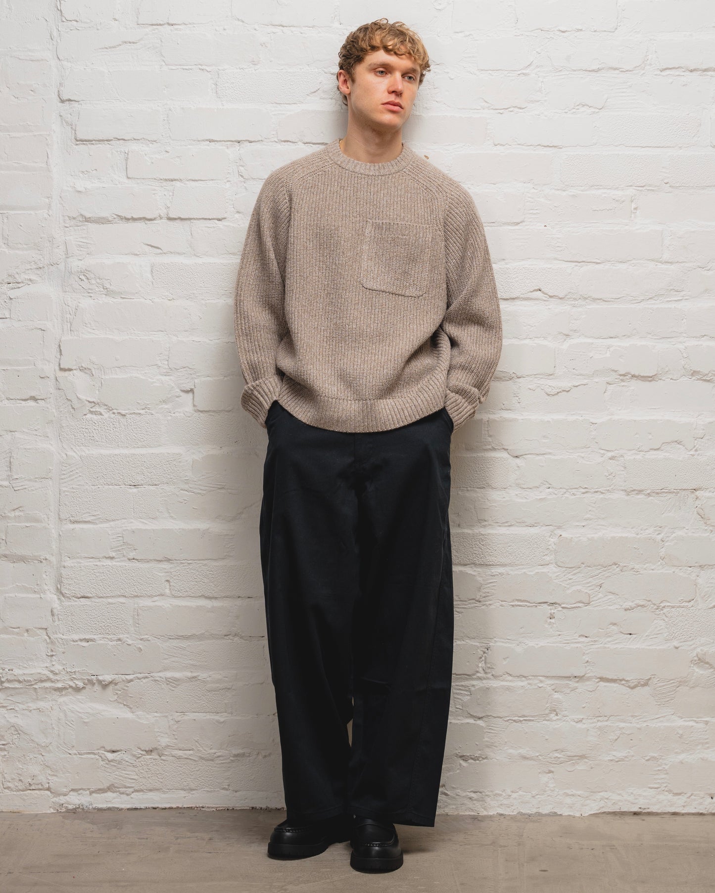 Saddle Sleeve Rib Knit Crew Jumper - Taupe Twist/Ivory