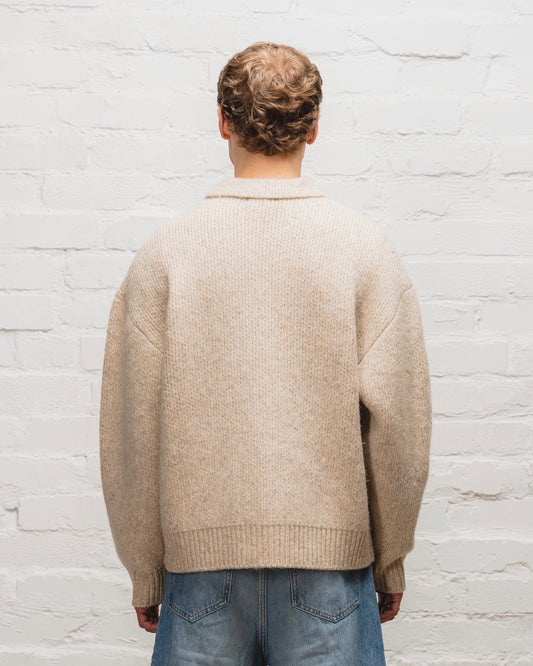 Zip Through Collared Knit Cardigan - Toasted Oatmeal/Rose Red