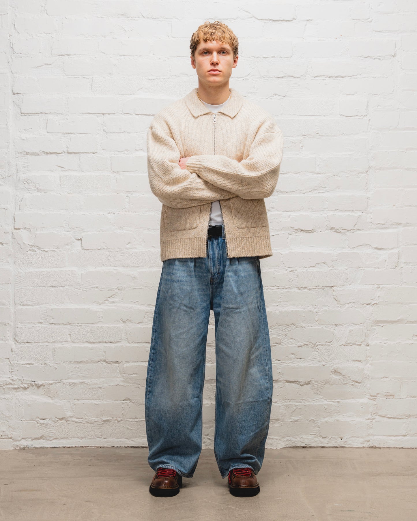 Zip Through Collared Knit Cardigan - Toasted Oatmeal/Rose Red