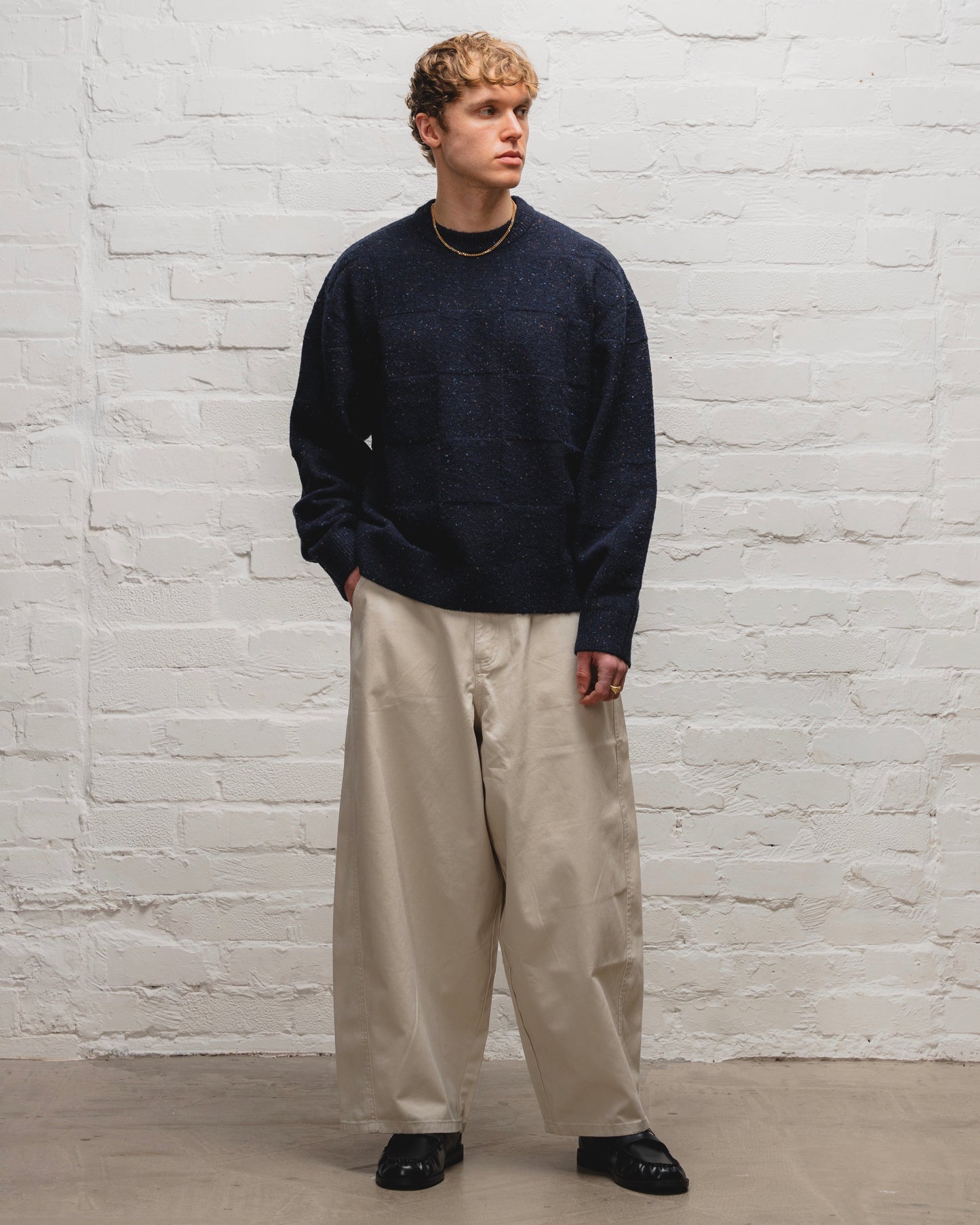 Checkerboard Nep Crew Knit Jumper - Galaxy Navy/Cinnamon Brown