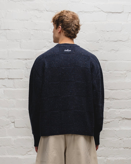 Checkerboard Nep Crew Knit Jumper - Galaxy Navy/Cinnamon Brown