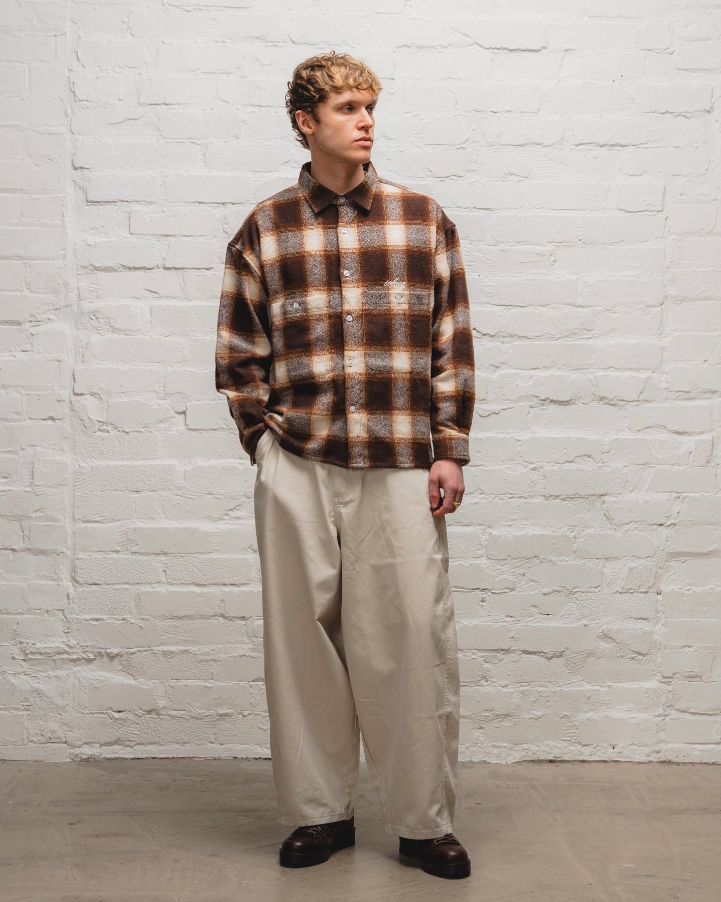 Check Flannel Button Overshirt - Tobacco Brown/Butter Beige
