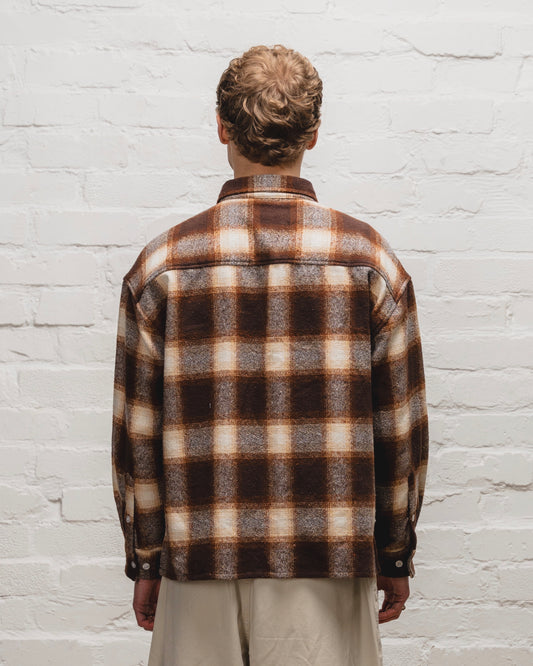 Check Flannel Button Overshirt - Tobacco Brown/Butter Beige