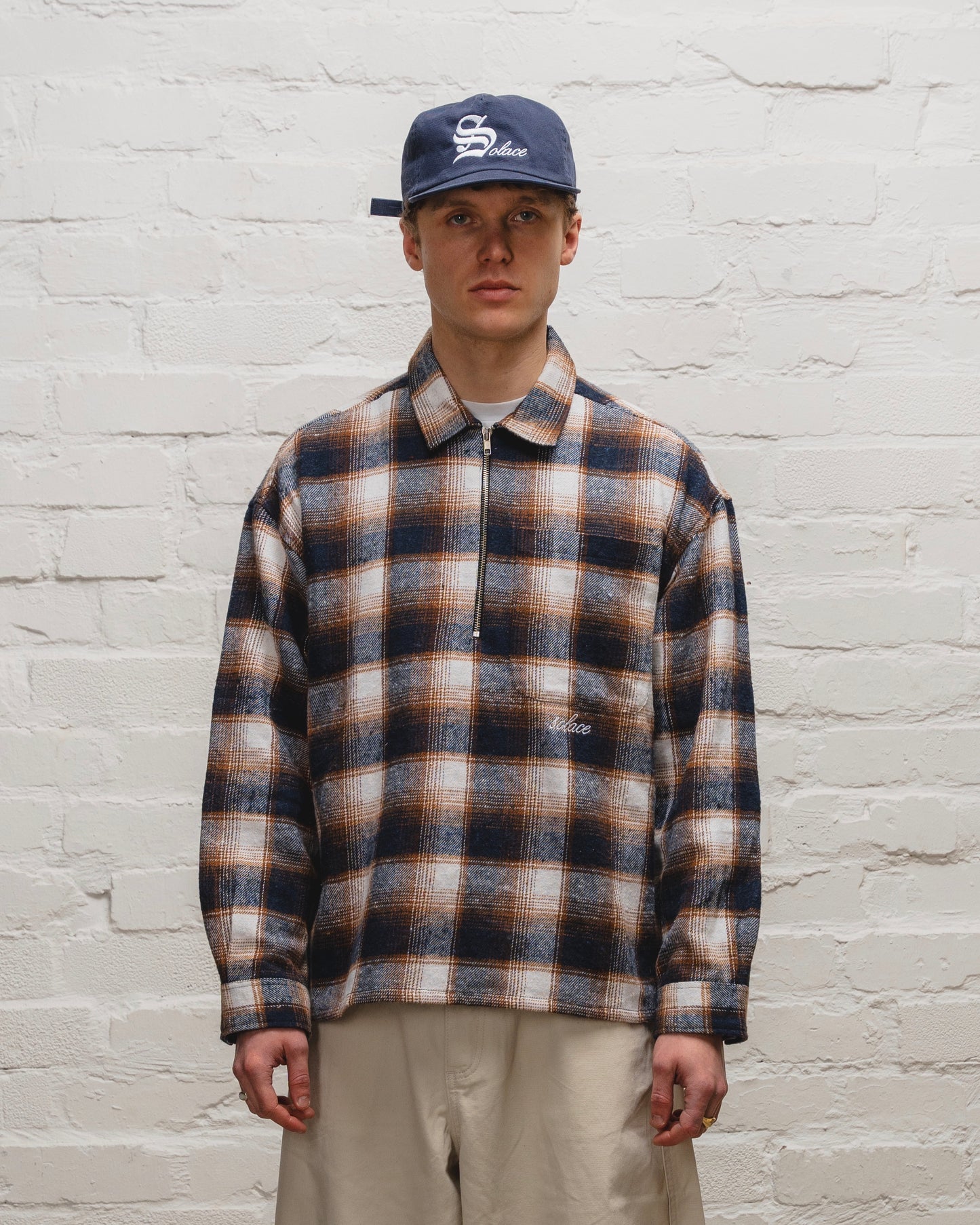 Check Flannel Half Zip Polo - Midnight Navy/Cinnamon Brown