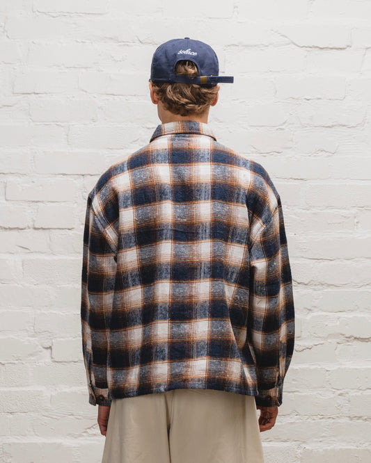 Check Flannel Half Zip Polo - Midnight Navy/Cinnamon Brown