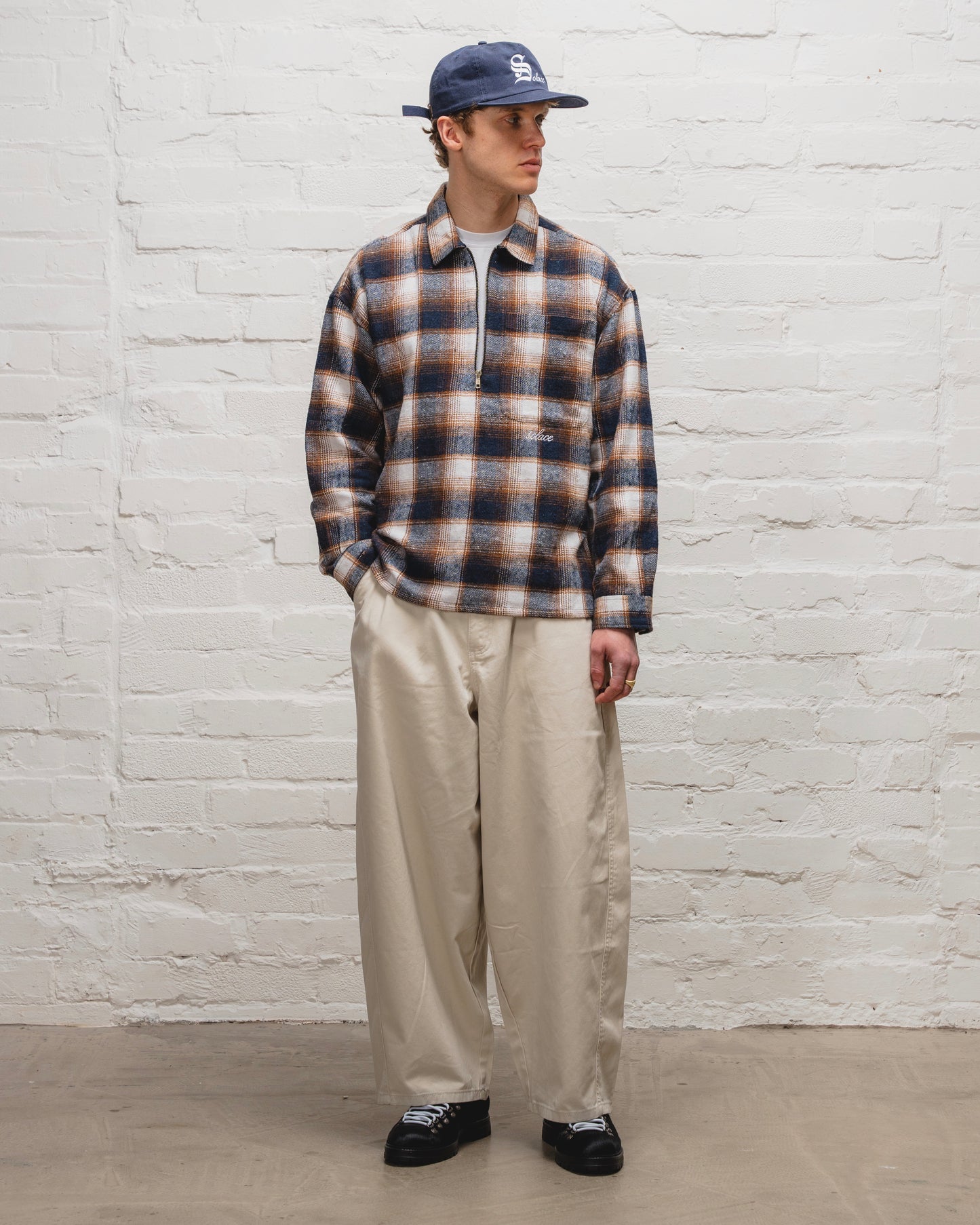 Check Flannel Half Zip Polo - Midnight Navy/Cinnamon Brown