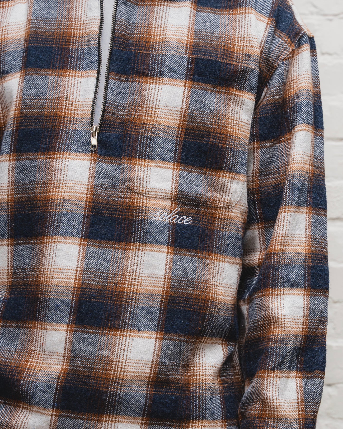 Check Flannel Half Zip Polo - Midnight Navy/Cinnamon Brown