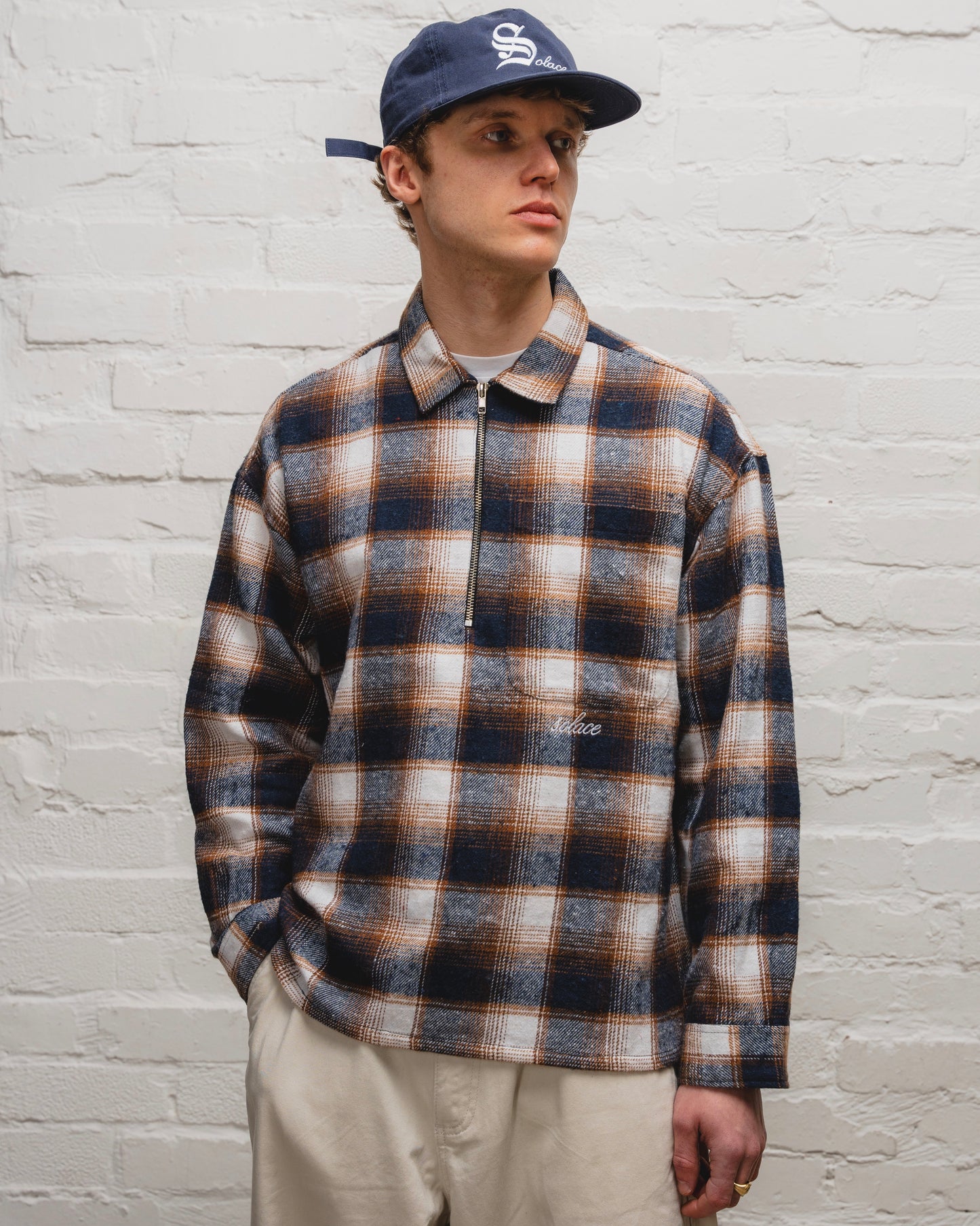 Check Flannel Half Zip Polo - Midnight Navy/Cinnamon Brown