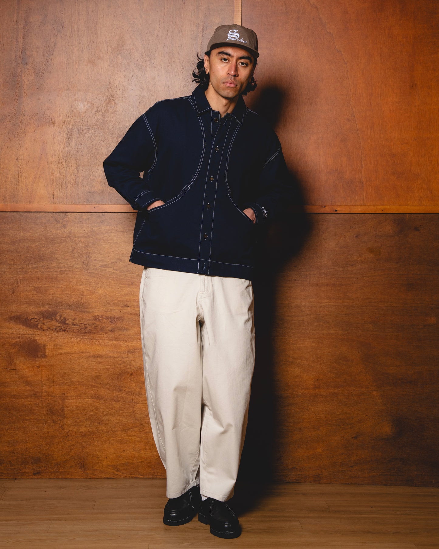 Contrast Stitch Curve Pocket Twill Jacket - Midnight Navy/Ivory