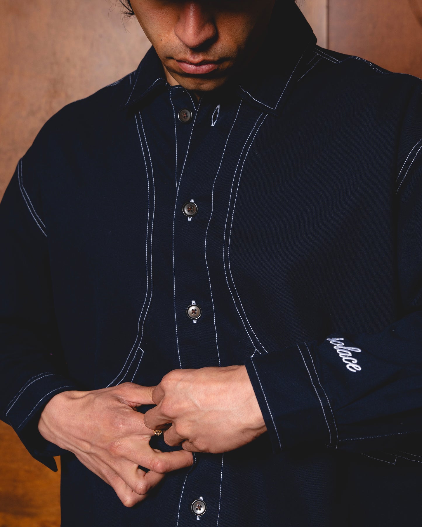 Contrast Stitch Curve Pocket Twill Jacket - Midnight Navy/Ivory