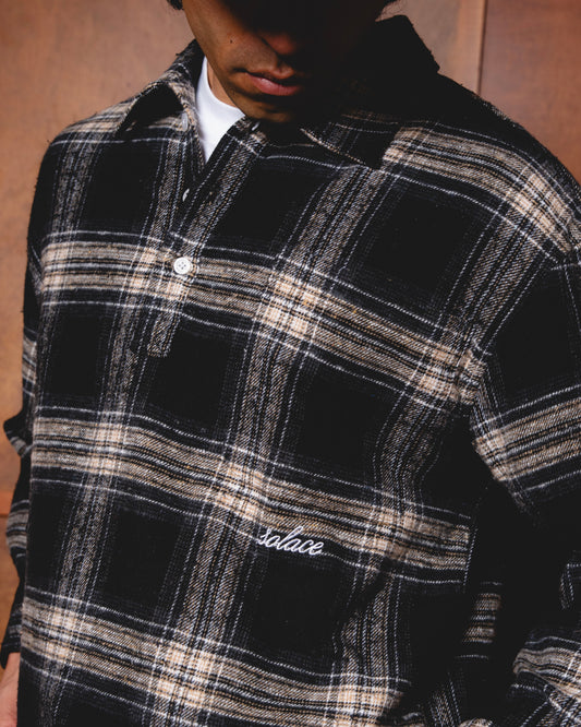 Check Flannel Polo Shirt - Carbon Black/Butter Beige