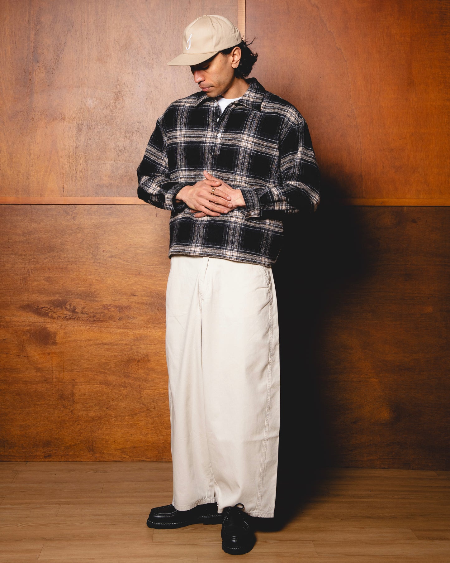 Check Flannel Polo Shirt - Carbon Black/Butter Beige