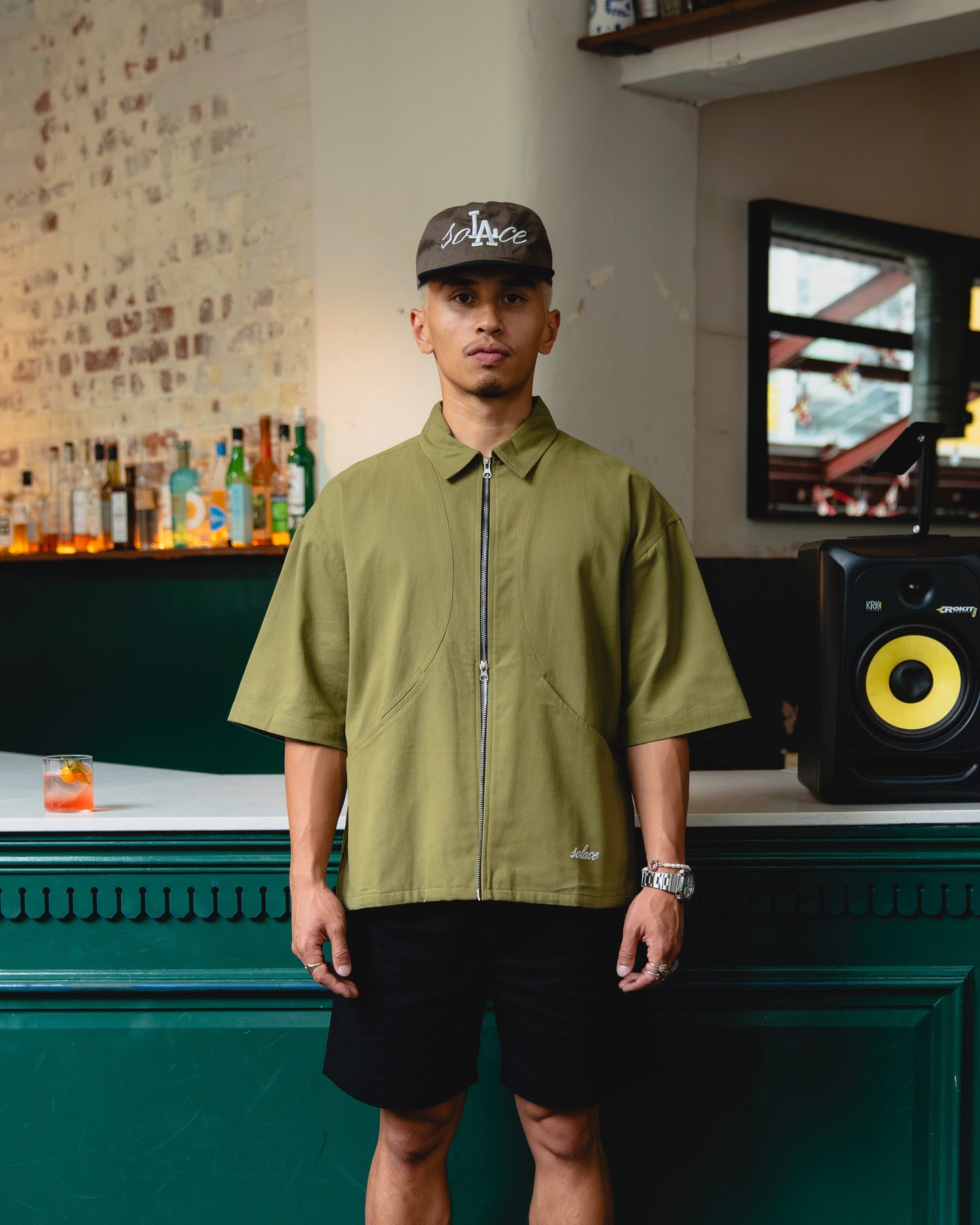 Twill Curve Pocket Zip Shirt - Swamp Green/Ivory