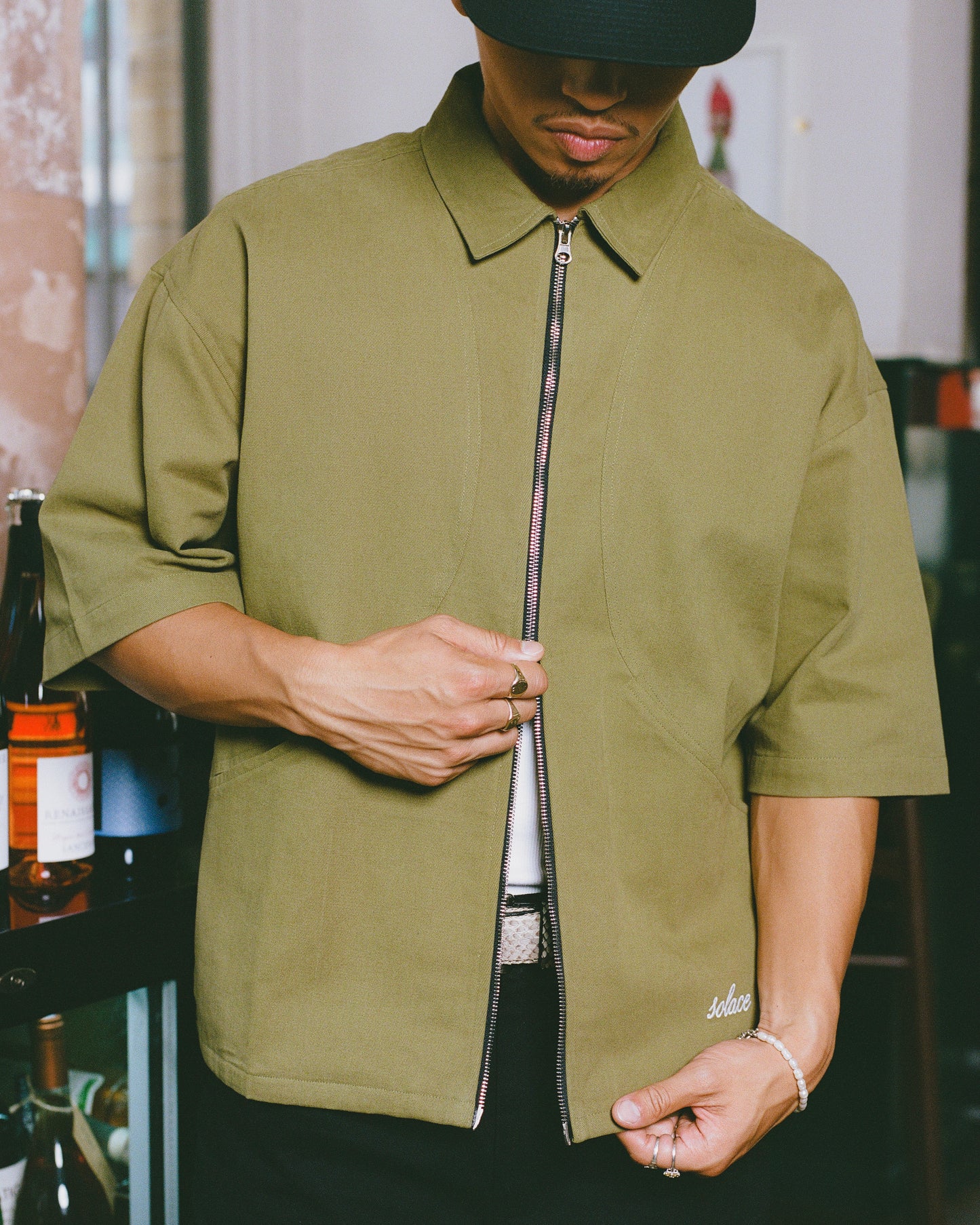 Twill Curve Pocket Zip Shirt - Swamp Green/Ivory