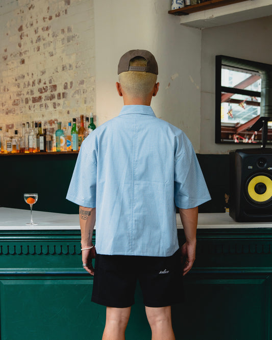 Gingham Curve Pocket Zip Shirt - Baby Blue/Ivory