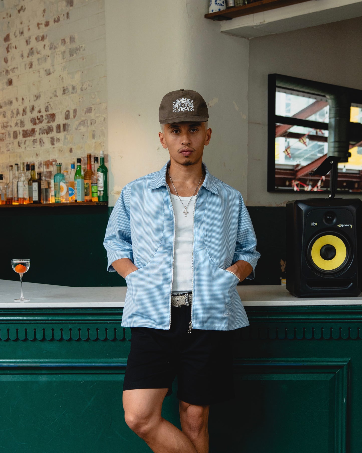 Gingham Curve Pocket Zip Shirt - Baby Blue/Ivory
