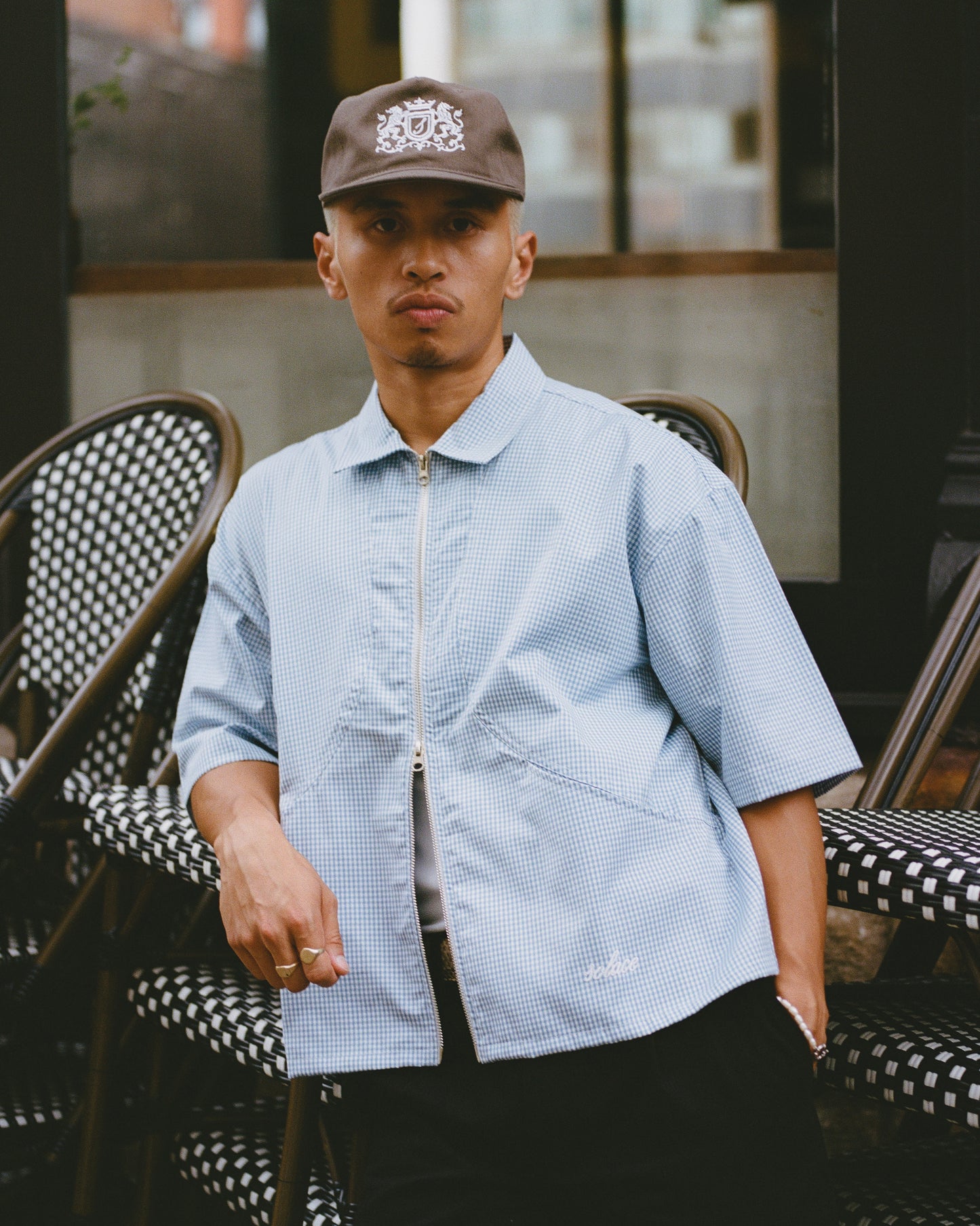 Gingham Curve Pocket Zip Shirt - Baby Blue/Ivory