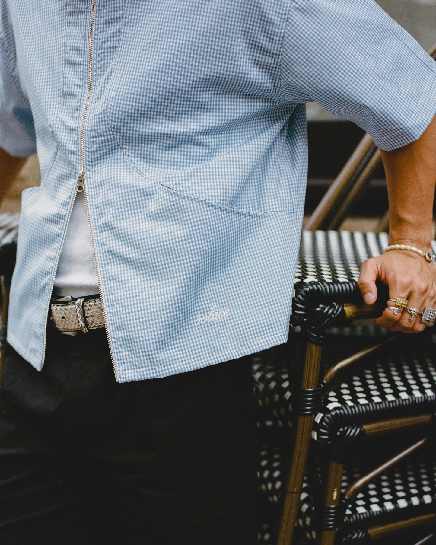 Gingham Curve Pocket Zip Shirt - Baby Blue/Ivory