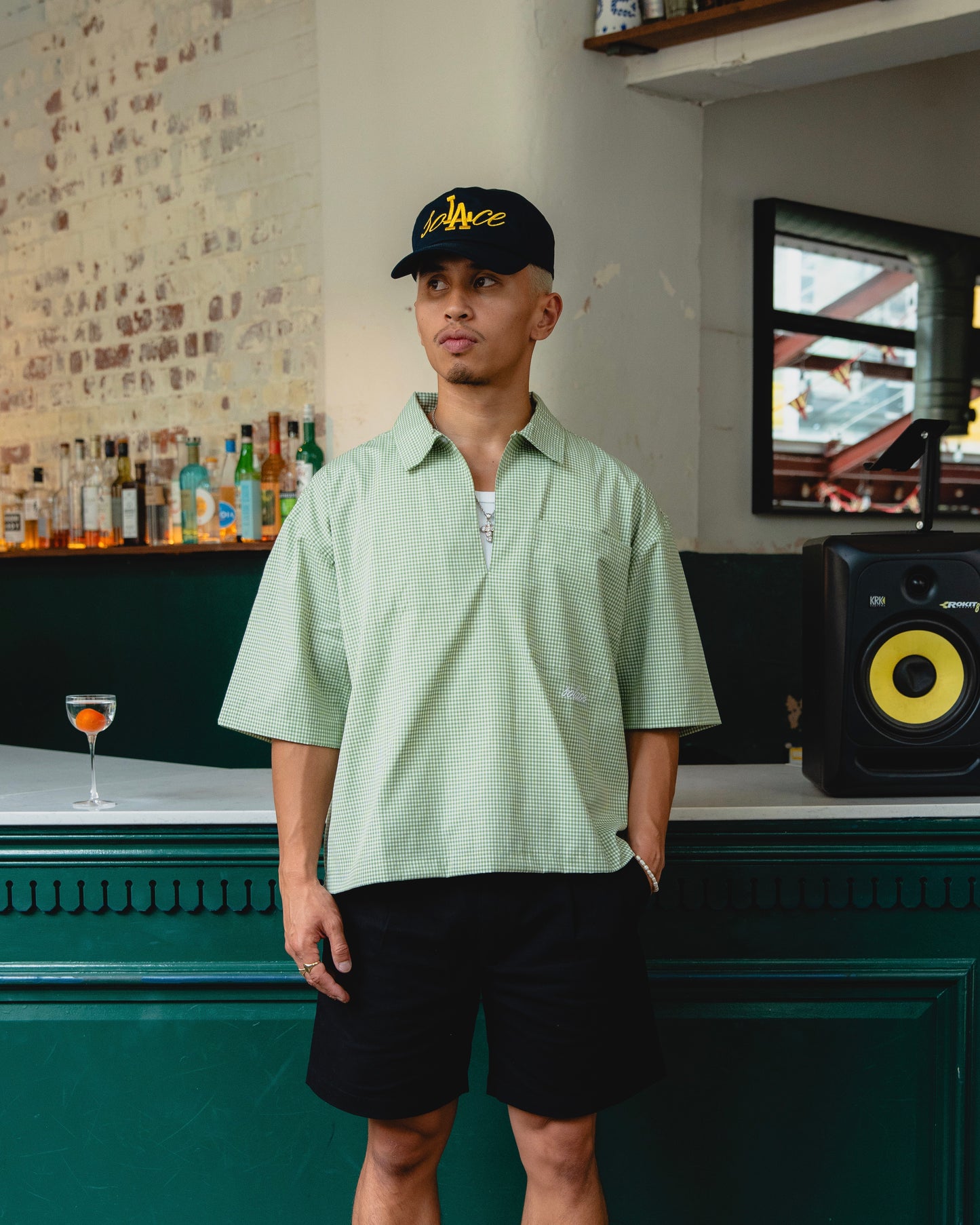 Gingham Smock Neck Polo Shirt - Spring Green/Ivory