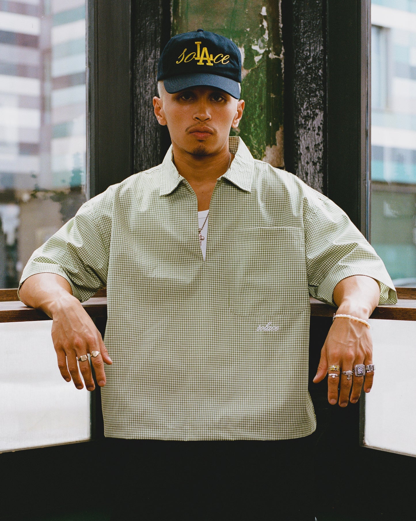 Gingham Smock Neck Polo Shirt - Spring Green/Ivory