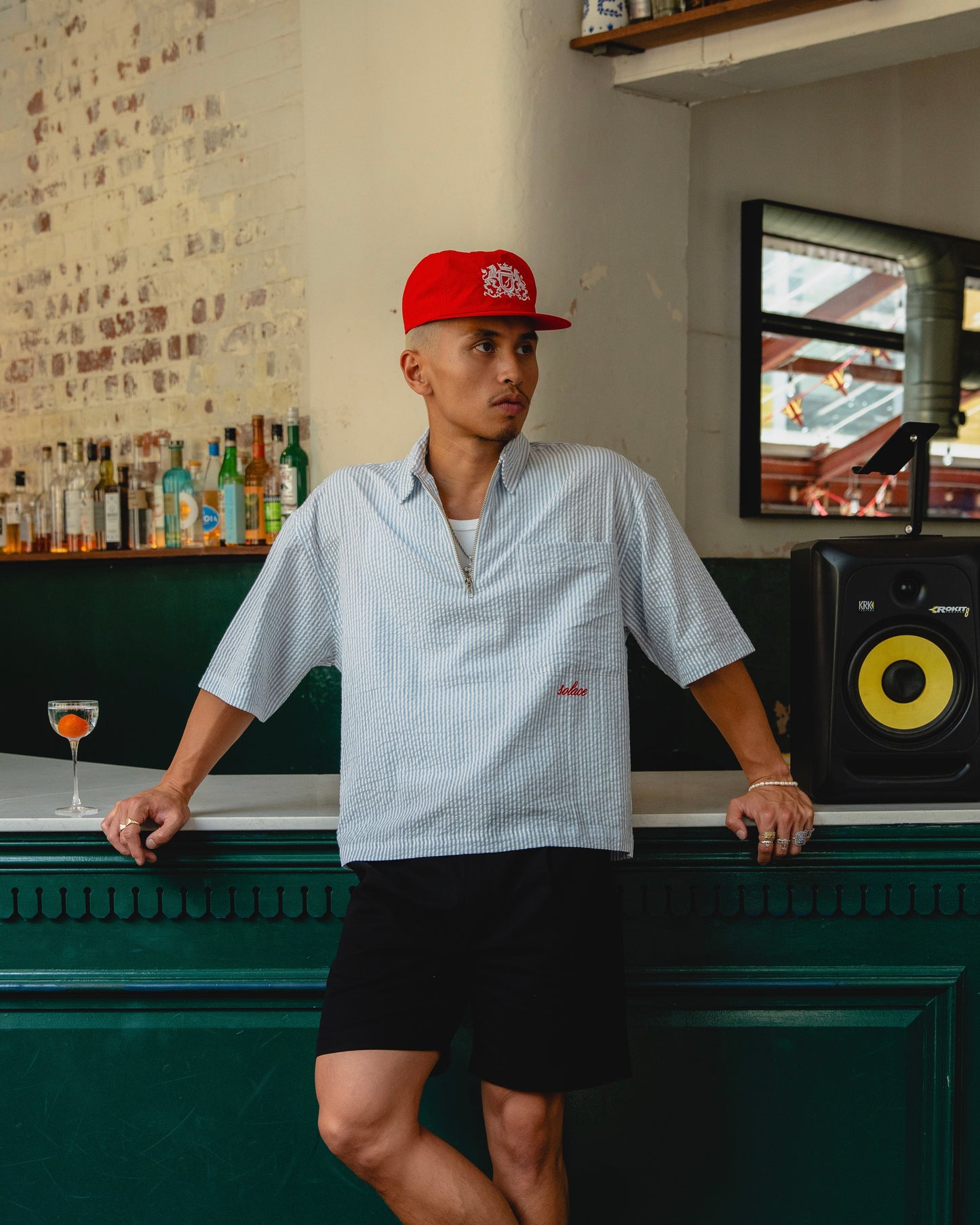 Striped Seersucker Half Zip Polo - Sky Blue/Rose Red