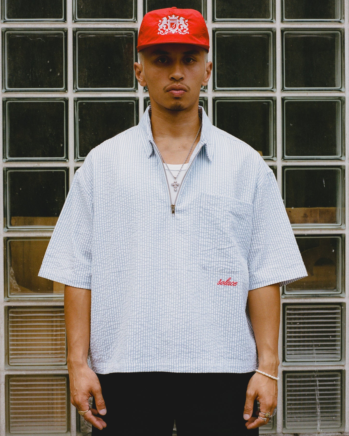 Striped Seersucker Half Zip Polo - Sky Blue/Rose Red