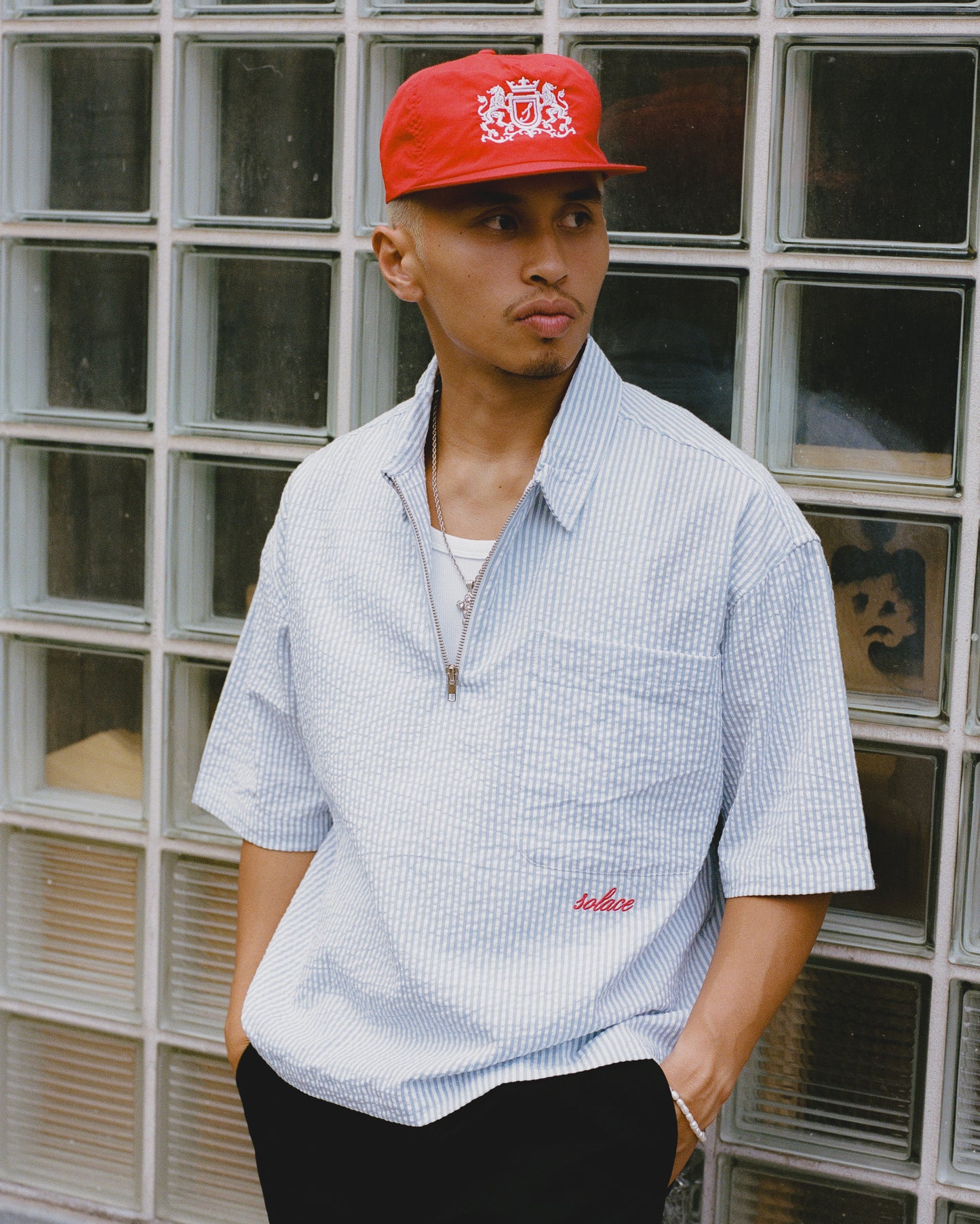 Striped Seersucker Half Zip Polo - Sky Blue/Rose Red
