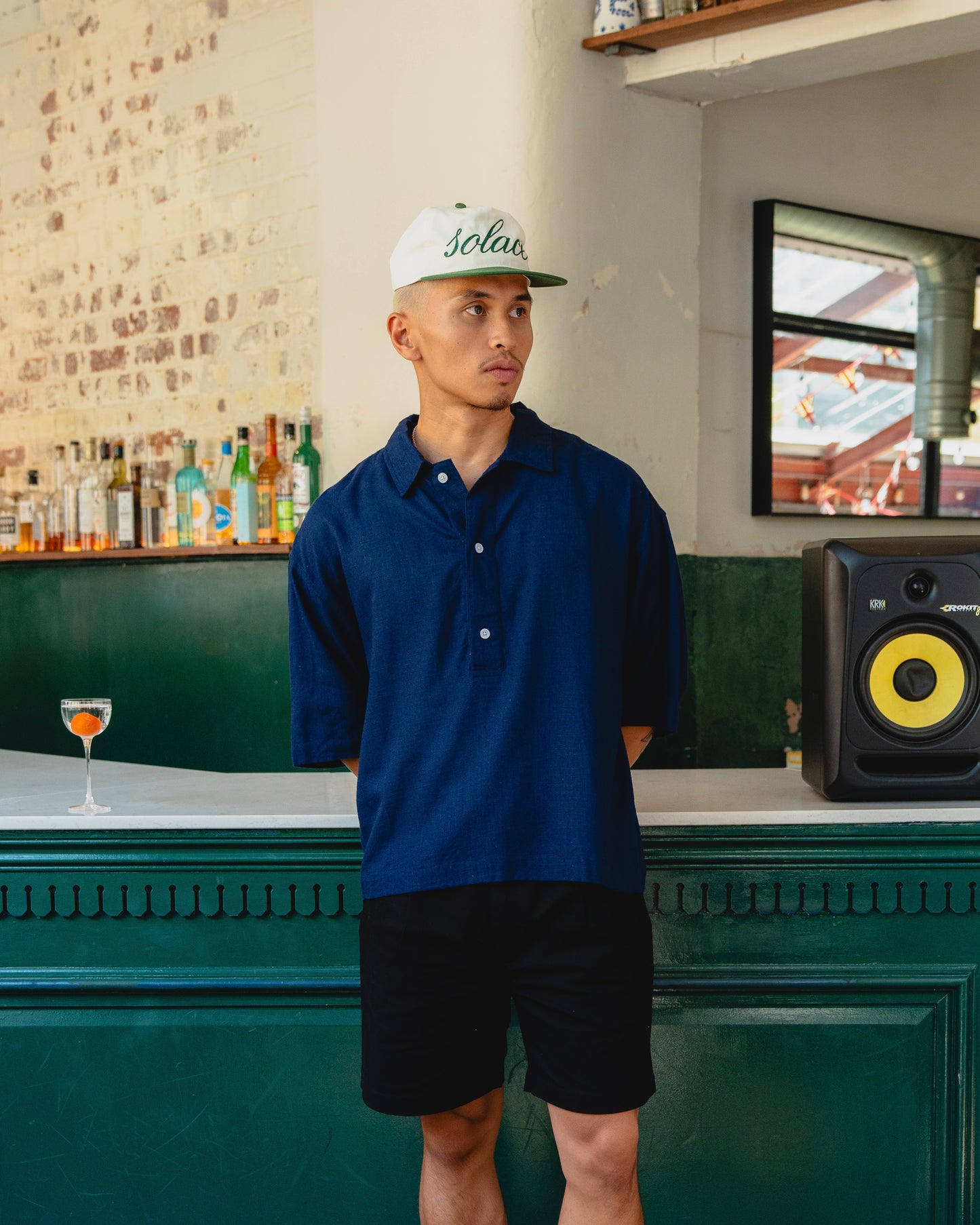Linen Blend Button Polo Shirt - Dive Blue/Ivory